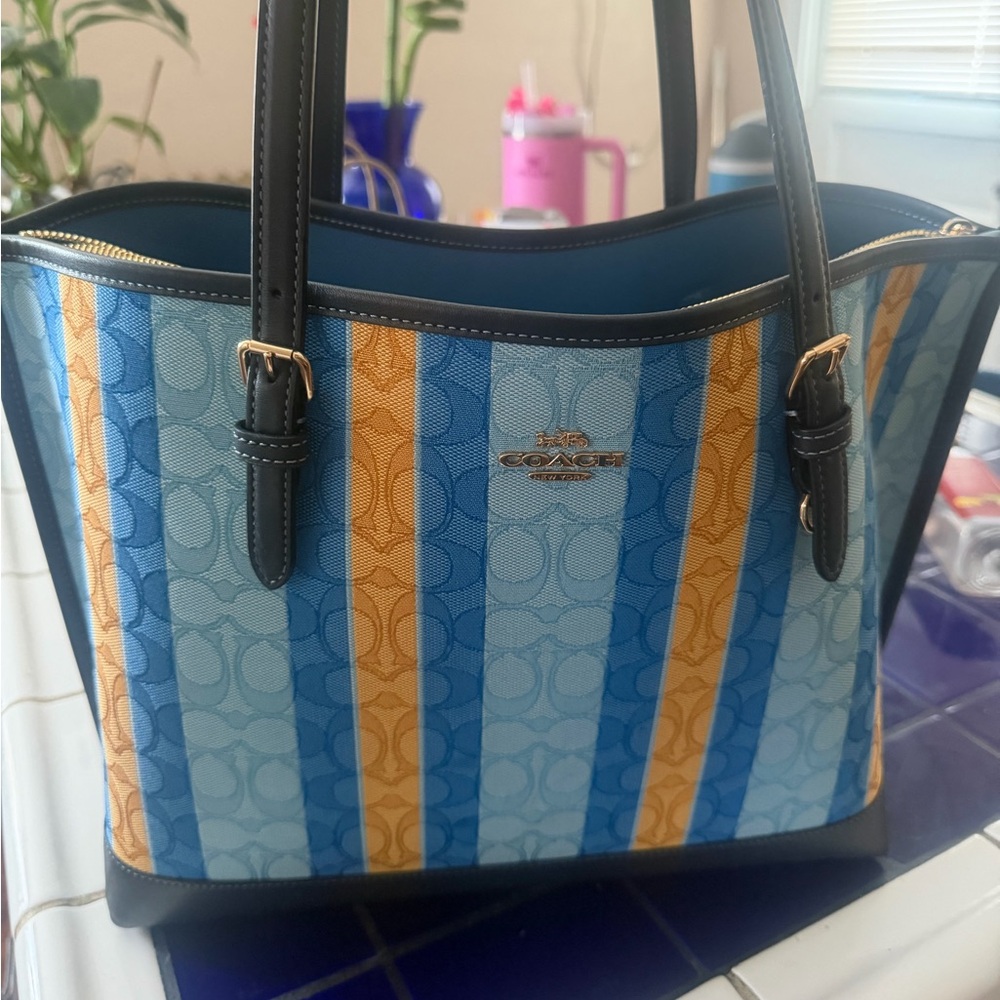 Large Coach Vibrant Blue and Orange Striped Bag